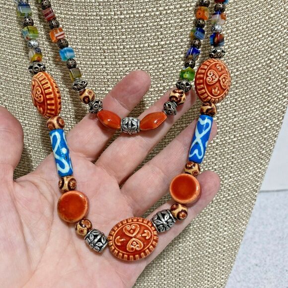 Double Strand Beaded Necklace Colorful Glass & Ceramic Stone Beads Artisan Look - Picture 5 of 6